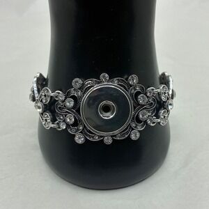 Silver Tone Rhinestone Snap Button Bracelet Interchangeable Filigree Link 7.5in